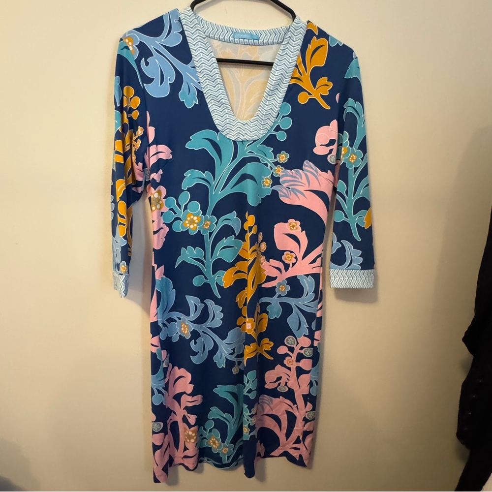 J. McLaughlin Blue Sheath Dress V-Neck 3/4 Sleeve Resort Wear